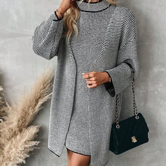 Dresses & Skirts - Multicolor Casual Women's Long Sleeve Cardigan & Stand Collar mini dress set
